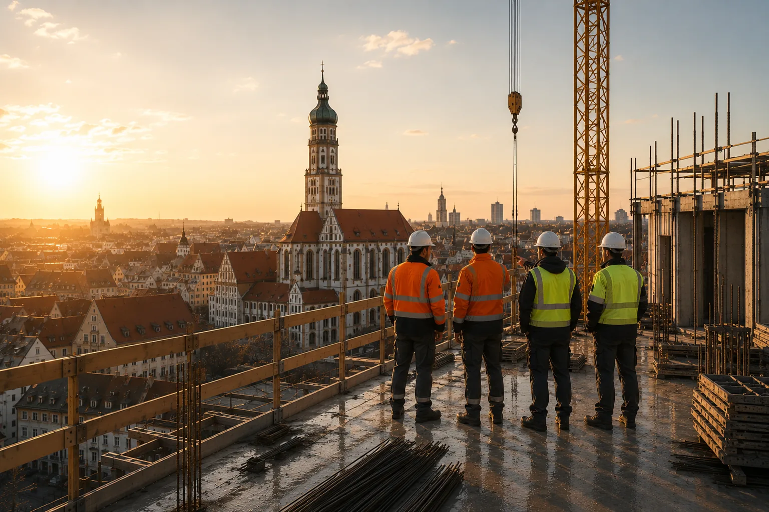 Bauleiter blicken bei Sonnenaufgang über die Skyline von Augsburg