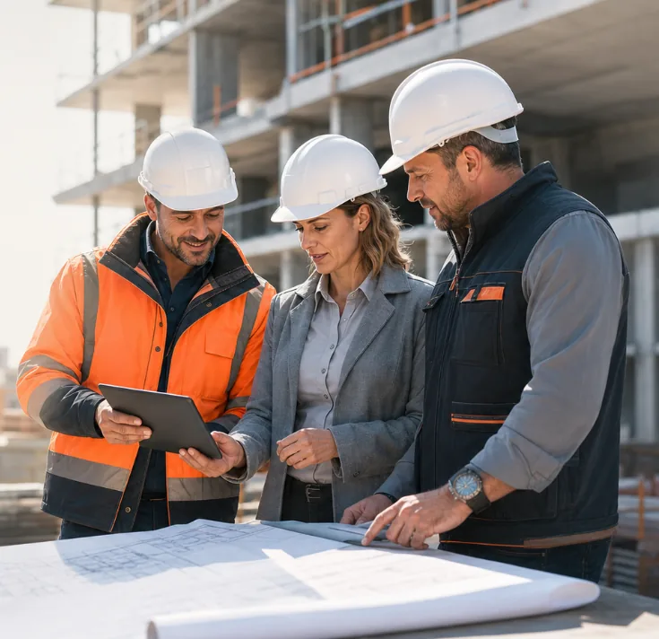 Bauleitung, Architektin und Polier besprechen einen Plan auf der Baustelle