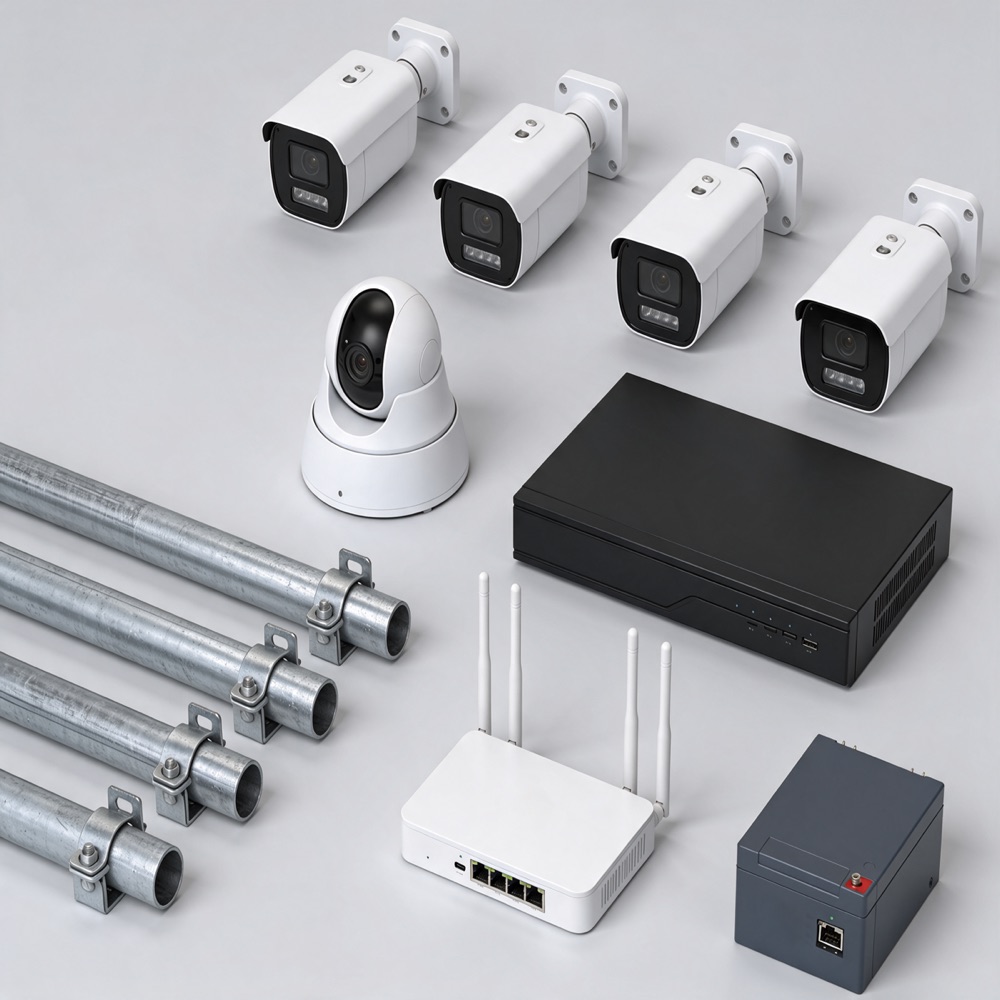 Komplett-Set mit fünf Kameras, Rekorder, Mast und Zubehör