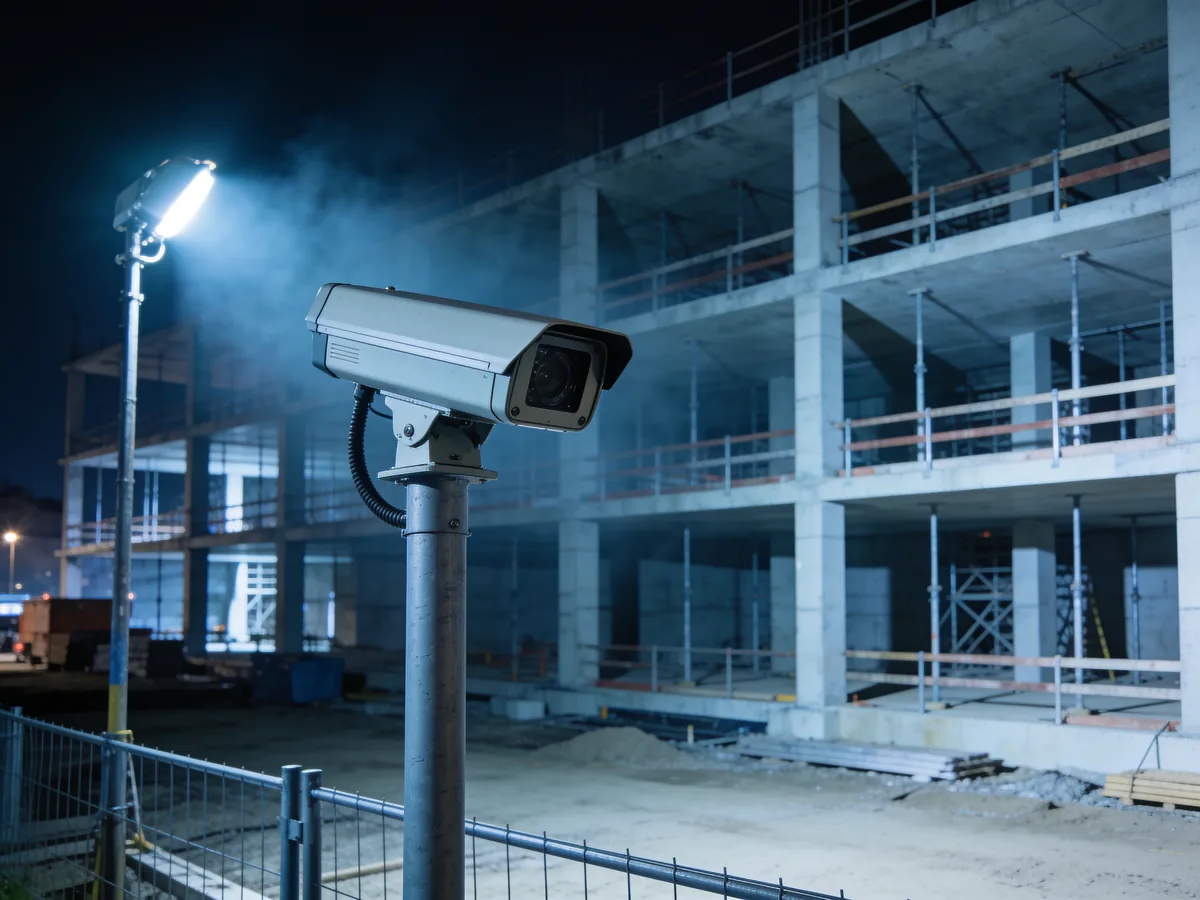 Baustelle bei Nacht mit Kamera auf einem Mast