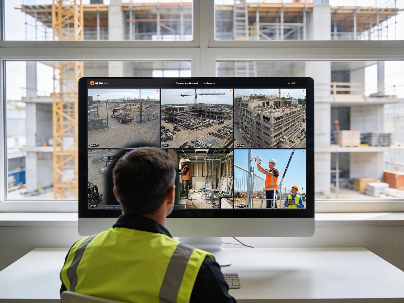 Bauleiter prüft die Baustelle vom Büro aus am Monitor