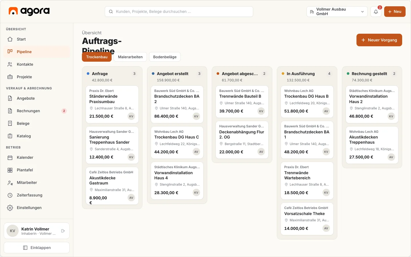 Kanban-Board der Auftrags-Pipeline mit fünf Phasen-Spalten und Projektkarten, die Kunde, Bauvorhaben, Anschrift und Auftragsvolumen zeigen.