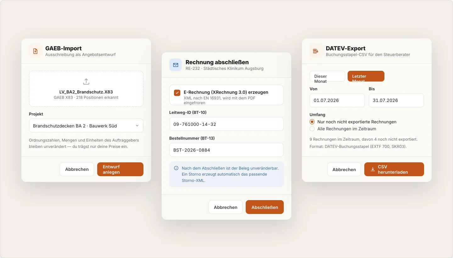 Drei Dialoge von Agora CRM nebeneinander: GAEB-Import einer Ausschreibungsdatei, Rechnungsabschluss mit XRechnung 3.0 und Leitweg-ID sowie DATEV-Export als Buchungsstapel-CSV.