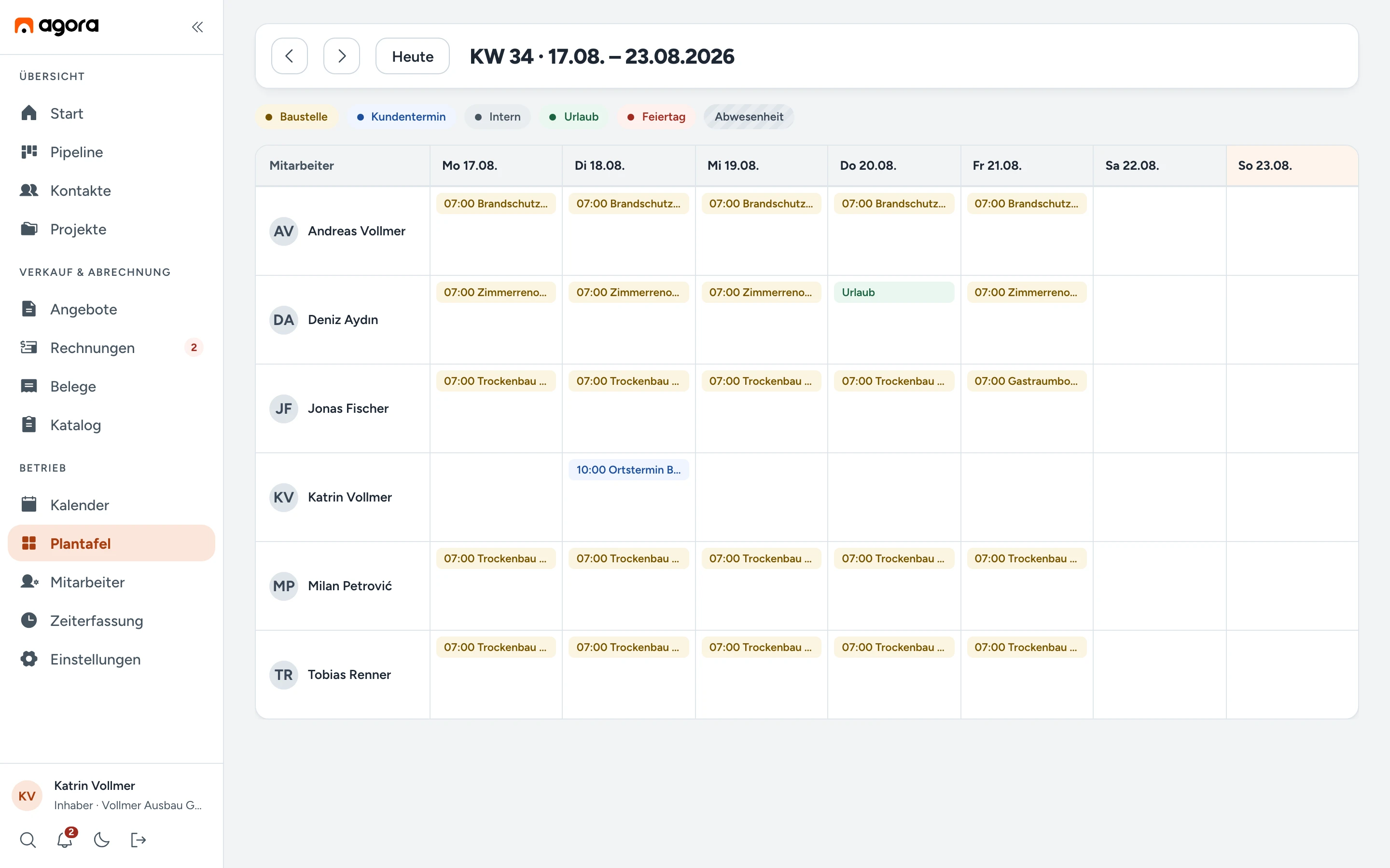 Plantafel von agora CRM mit einer Zeile je Mitarbeiter und den Einsätzen der Kalenderwoche als farbige Balken.