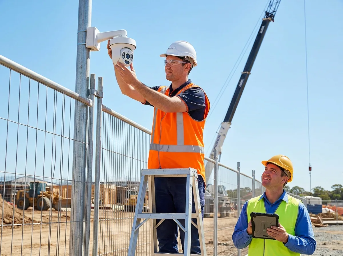 Monteur richtet eine Baustellenkamera am Mast aus